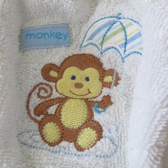 Luvable Friends Terry Cloth Bath Robe Infant Boys Size 0-9M SM White Blue Monkey - Picture 2 of 5